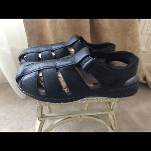 Dr Scholls Gaston Fisherman Sandals Mens Sz10M Black Leather Memory Foam Casual